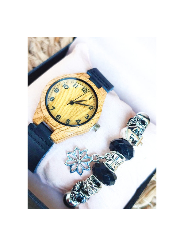 Montre noire bois & Bracelet charms 