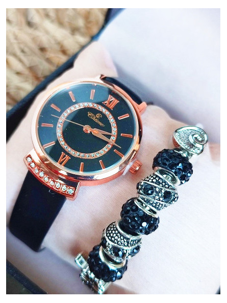 Montre noire cuivre & Bracelet charms 