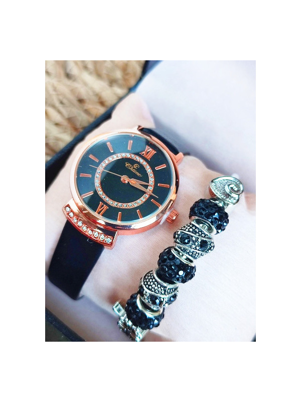 Montre noire cuivre & Bracelet charms 