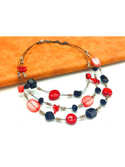 Collier perles rouges et noirs 3 cables 