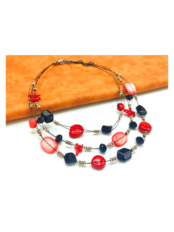 Collier perles rouges et noirs 3 cables 