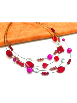 Collier perles rouges fuschias 4 cables 