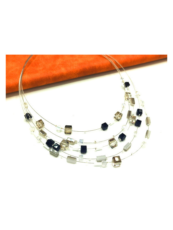 Collier perles cubes cables argentés 