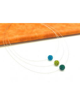 Collier trio perles camaieu vert sur cables 