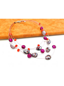 Collier perles violettes marbrées fuchsia 