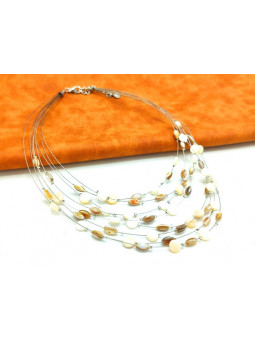 Collier multiples perles brunes blanches cables 