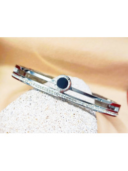 Bracelet Acier Inoxydable pierres rondeur noire 