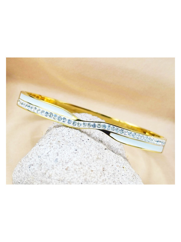 Bracelet Acier Inoxydable doré émail blanc pierres 