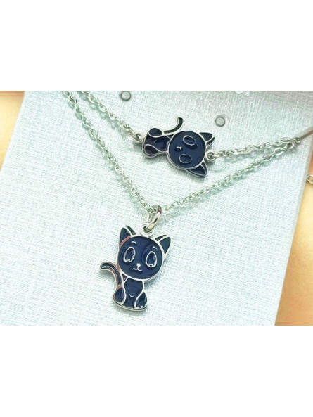 Parure Acier inoxydable chat émail chaine argent 
