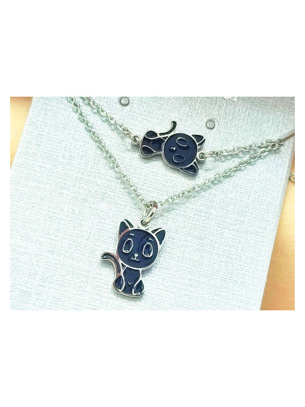 Parure Acier inoxydable chat émail chaine argent 