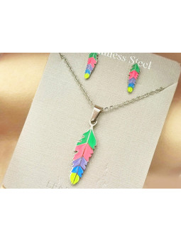 Parure Acier inoxydable plume arc en ciel 