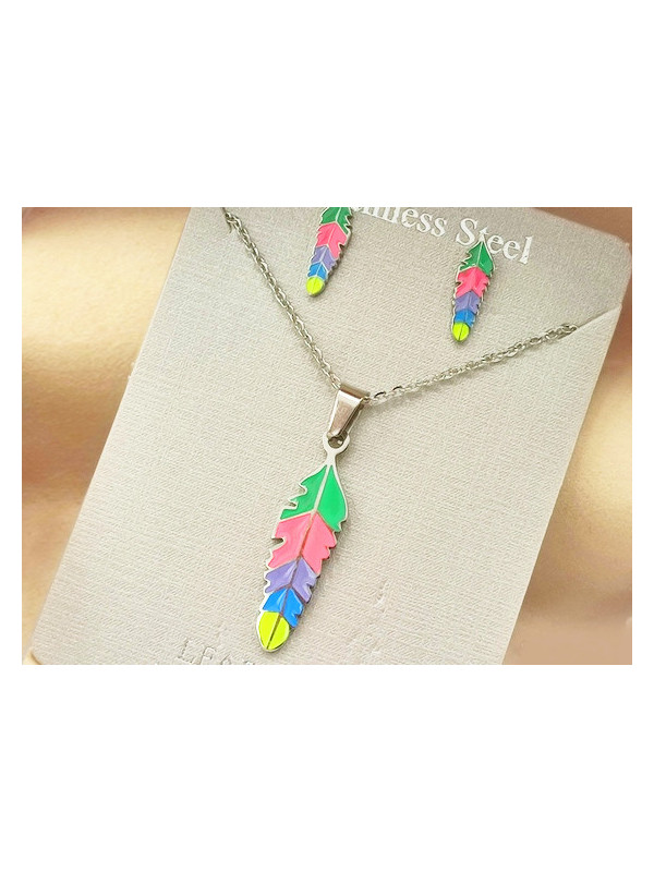 Parure Acier inoxydable plume arc en ciel 