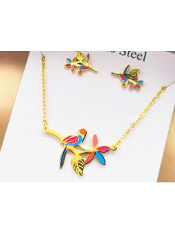 Parure Acier inoxydable oiseau coloré chaine dorée 