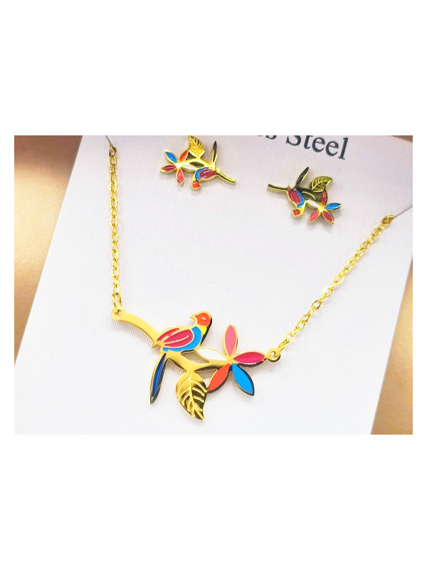 Parure Acier inoxydable oiseau coloré chaine dorée 