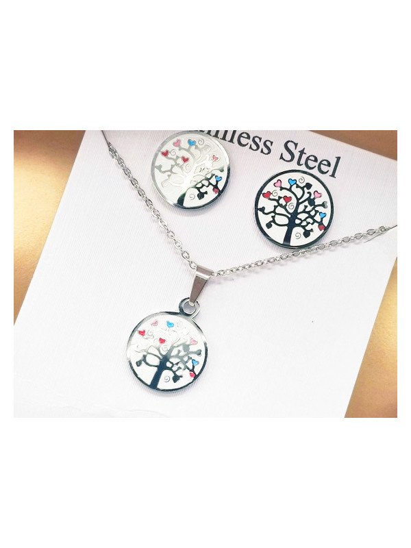 Parure Acier inoxydable disque blanc arbre de vie 