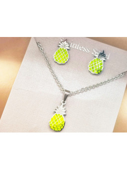 Parure Acier inoxydable ananas émail vert 