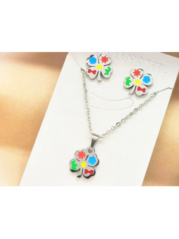 Parure Acier inoxydable trèfle arc en ciel 