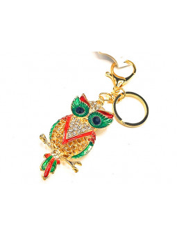 Porte clés hibou doré émail vert rouge 