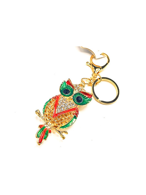 Porte clés hibou doré émail vert rouge 