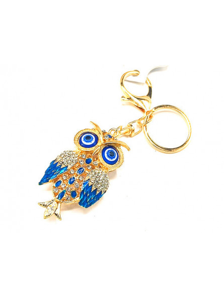 Porte clés hibou doré strass émail bleu 
