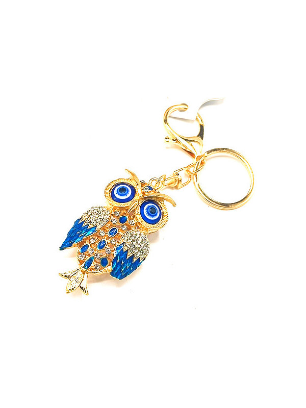 Porte clés hibou doré strass émail bleu 